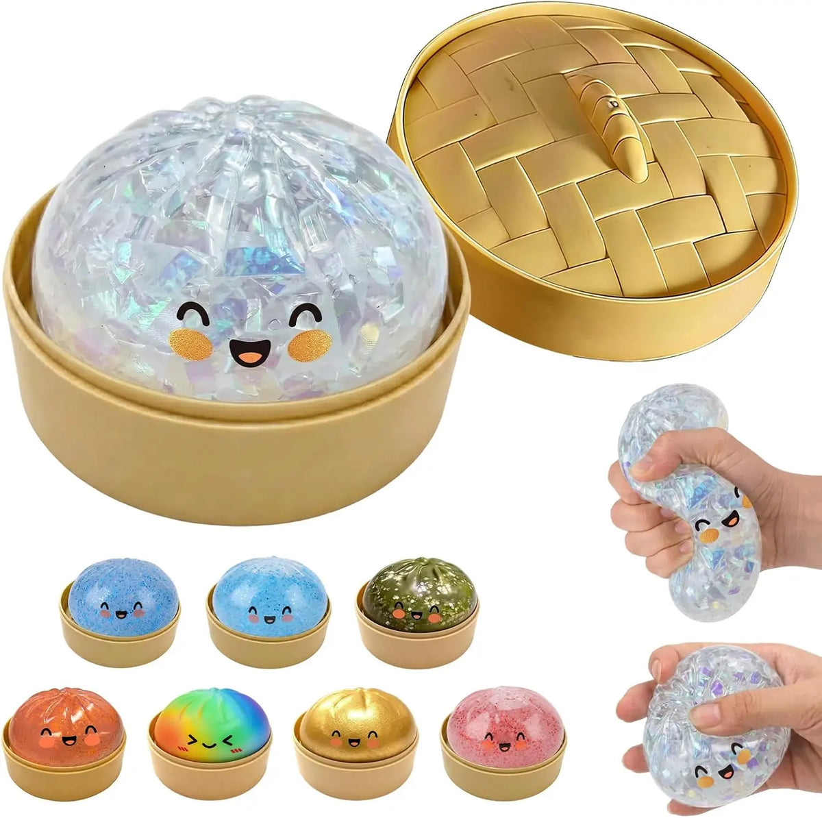 Fun Mini Bao Bun Glitter Dumpling Squishy Toy Mystery Box Free Wrappers with Steamer Stress Relief Toy Crazy Surprise Balls