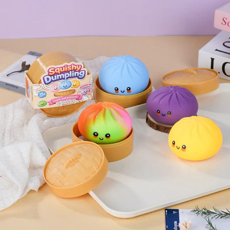 Colorful Dumpling Squishes Stress Balls Fidget Sensory Toys Simulation Food Squishies Bun with Steamer Squeeze Toy