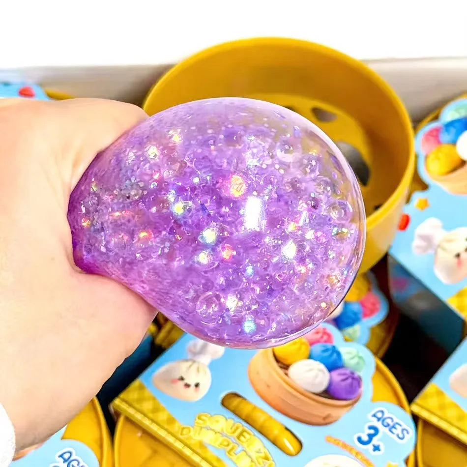 Viral Hidden Design Glitter Bead Dumpling Squishy, 1-4Pcs Blind Box with Packaging Box, Realistic Bun Squeeze Stress Relief Toy