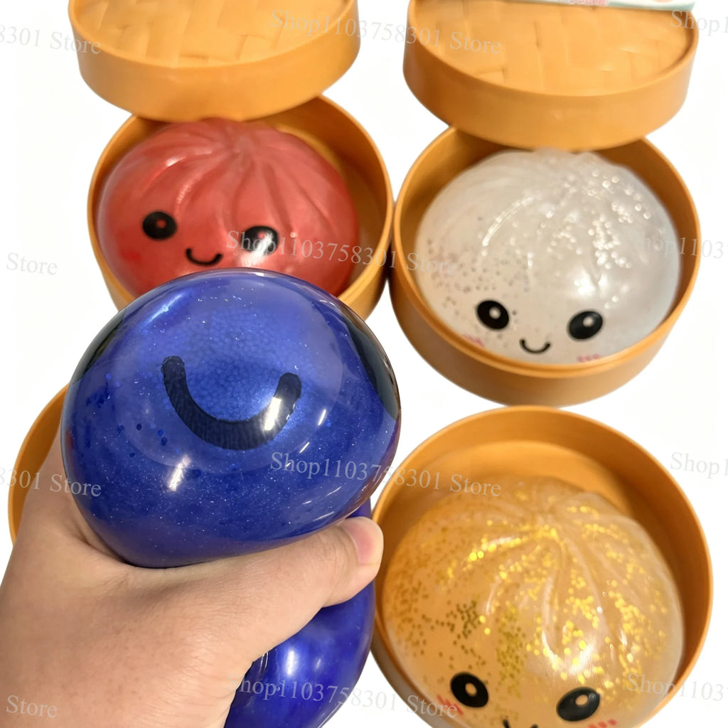 Glitter Dumplings Squishy Soft with Steamer Squishy Fidget Slow Resilience Stress Relief Sensory Ball