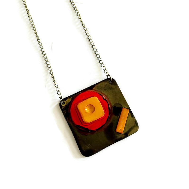 Abstract Geometric Pendant Necklace in Gray, Red, Yellow. Chunky Handmade Polymer Clay