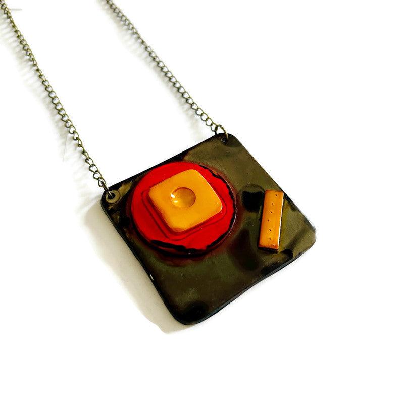 Abstract Geometric Pendant Necklace in Gray, Red, Yellow. Chunky Handmade Polymer Clay