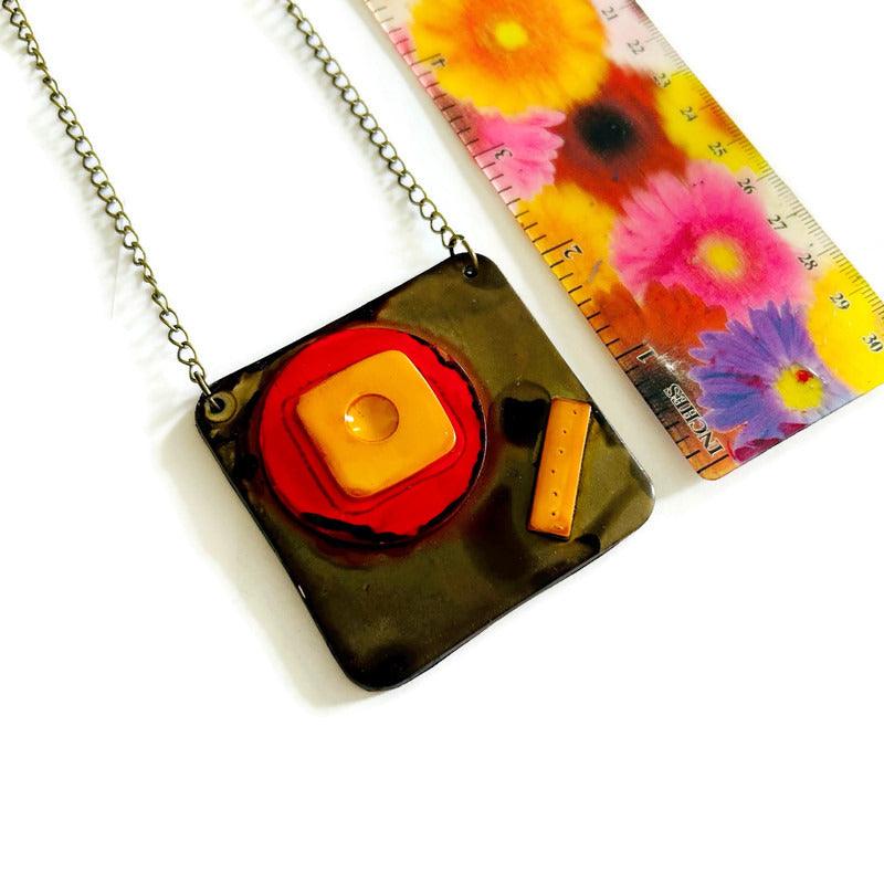 Abstract Geometric Pendant Necklace in Gray, Red, Yellow. Chunky Handmade Polymer Clay
