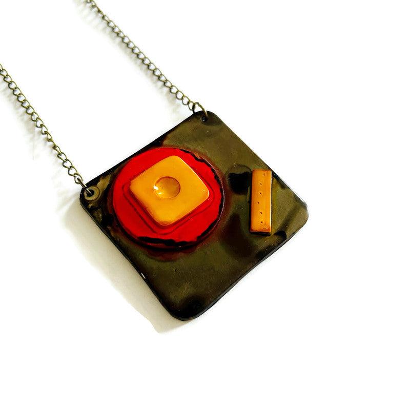 Abstract Geometric Pendant Necklace in Gray, Red, Yellow. Chunky Handmade Polymer Clay