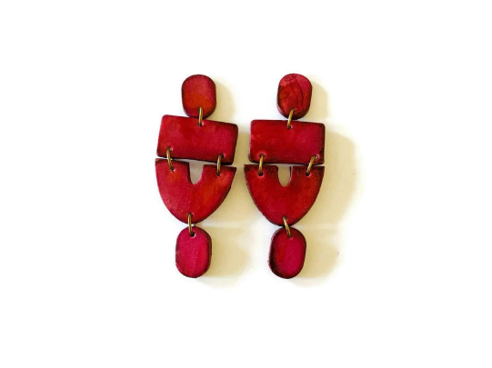 Long Red Statement Earrings Handmade, Post or Clip On Earring - "Lee"