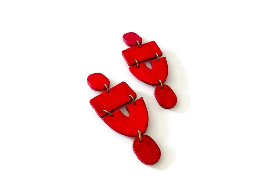 Long Red Statement Earrings Handmade, Post or Clip On Earring - "Lee"