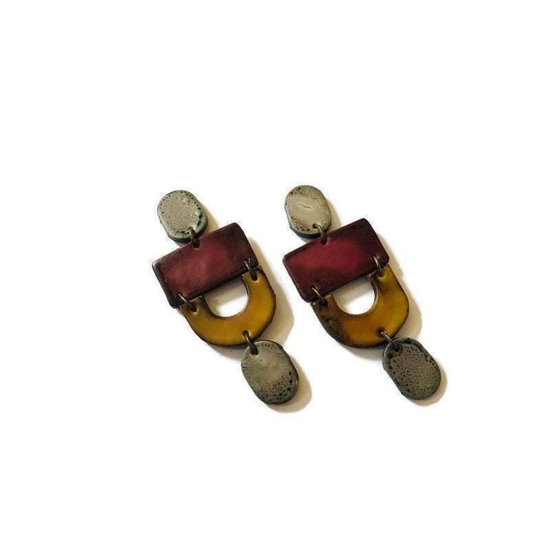 Long Red Statement Earrings Handmade, Post or Clip On Earring - "Lee"